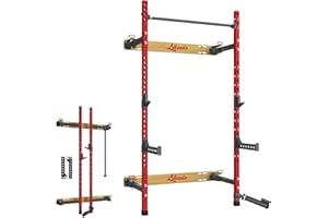 Liksodo Folding Wall Mounted Squat Rack, Foldable Power Squat Rack with Pull Up Bar, J Hooks, Landmine, Spotter Arms, Space Saving Multi-Functional Squat Rack for Home Gym Workout, 1100 LBS, Red