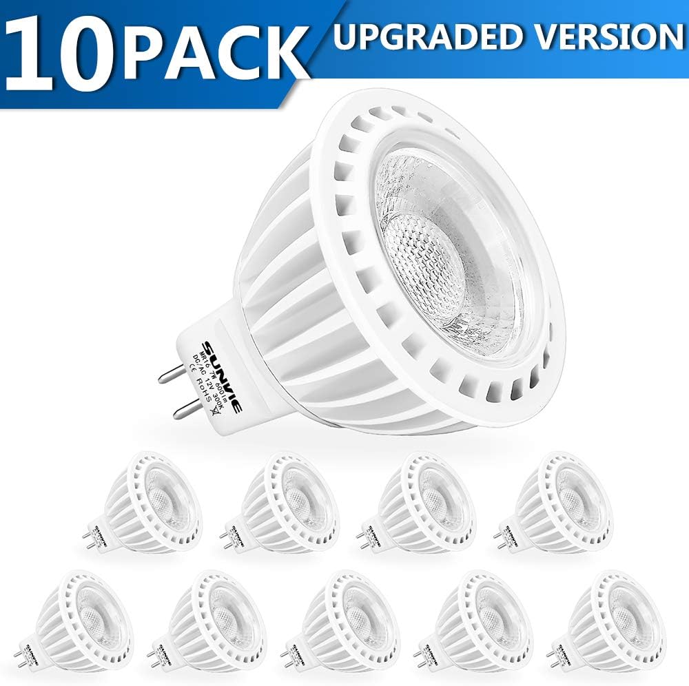 SUNVIE MR16 LED Bulb Dimmable Light 50W Halogen Equivalent 7w 3000K Warm White AC/DC 12V Spotlight Bulb for Outdoor Landscape Indoor Flood GU5.3 Base (10 Pack)