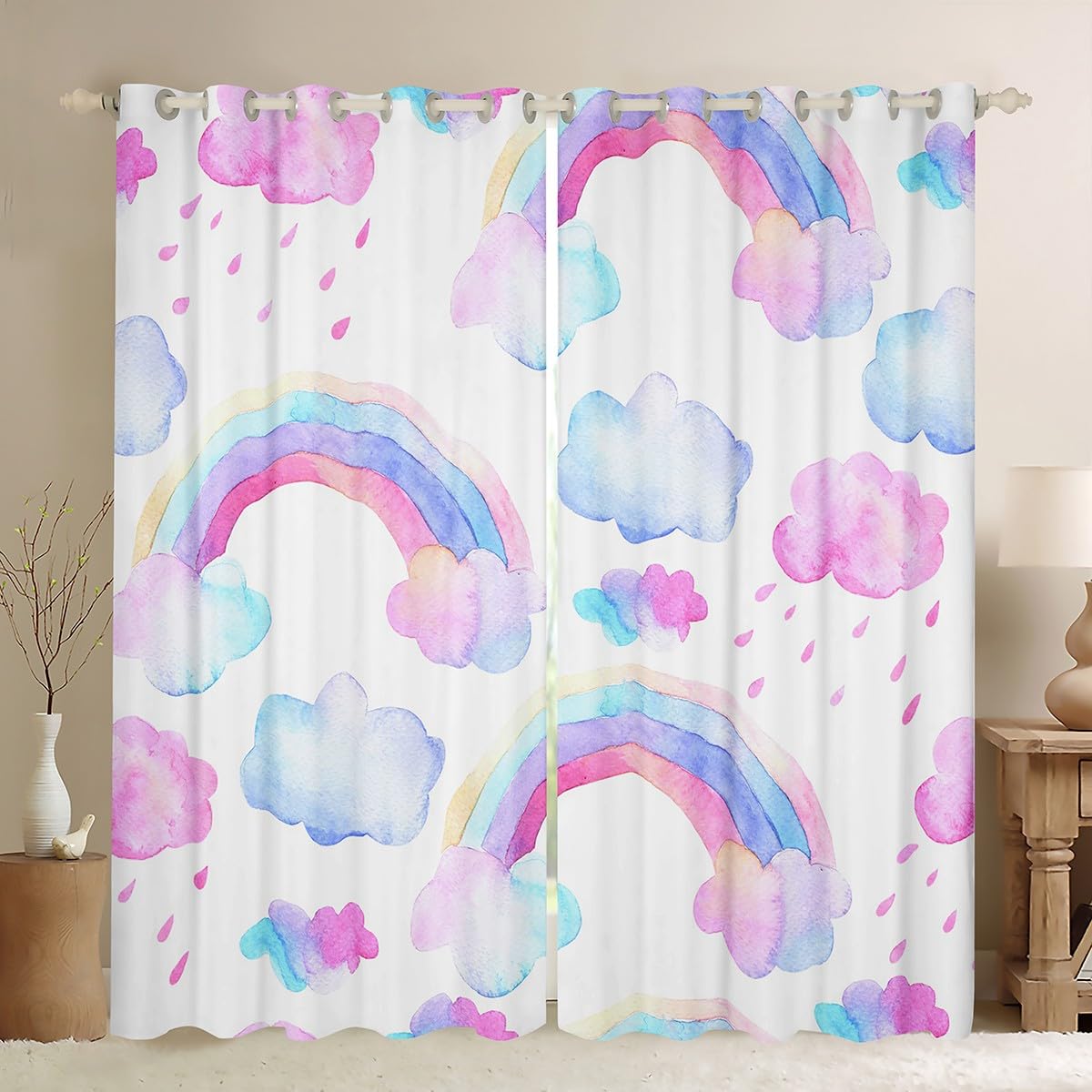 Manfei Rainbow Blackout Curtain Watercolor Rainbow Clouds Rain Window Treatments, Cartoon Style Window Drapes for Kids Girls Room Decor Grommet Top 2 Panel Set Bedroom Curtains, 46Wx54L inch