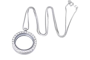 RUBYCA Living Memory Floating Charm Round Glass Locket Pendant Necklace 20 Inches 1pcs Silver Tone White Crystal