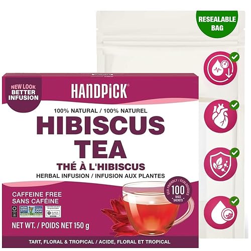 HANDPICK, Hibiscus Tea Bags - 100 Count | Caffeine-Free, Pure Ingredients - Hibiscus Flowers | Brew Hot, Iced Tea or Kombucha Tea | Round Nutritious Herbal Tea Bags