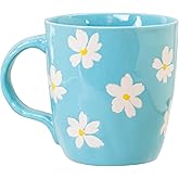 WORLD TRAVELER Eccolo Daisies Ceramic Coffee Mug, White and Blue Floral Handpainted Stoneware Tea Cup with Handles is Microwave, Dishwasher Safe, Medium Size Hot Drinking Cup - 16 Oz / 473 ml…