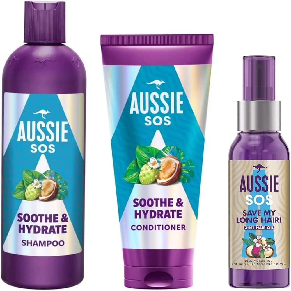 Aussie SOS Soothe & Hydrate Bundle Shampoo 300ml Conditioner 200ml Oil 100ml