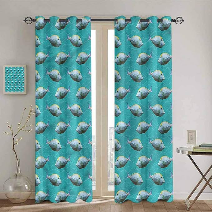 Teal Kitchen curtain, Fish Nautical Animal Art Curtains 84 inch length