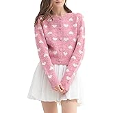 LANYO LILI Women's Pink Heart Cardigan Sweater Cute Y2K Cropped Button Down Crewneck Long Sleeve Knit Fall Top
