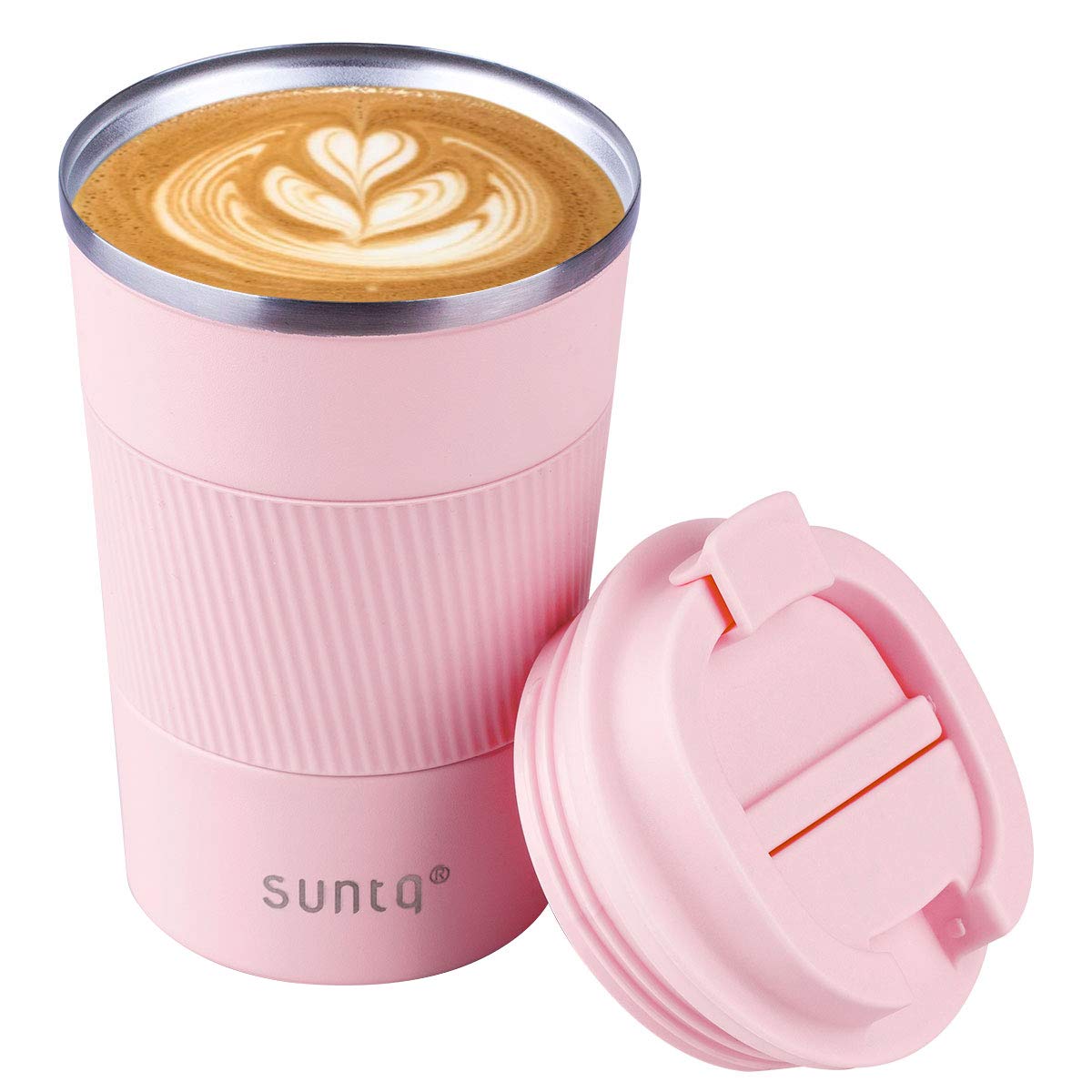 SUNTQ Reusable Coffee Cups Travel - Coffee Travel Mug with Leakproof Lid - Thermal Mug Insulated Cup - Stainless Steel Travel Cup with Rubber Grip - for Hot and Cold Drinks, 13oz/380ml, Pink