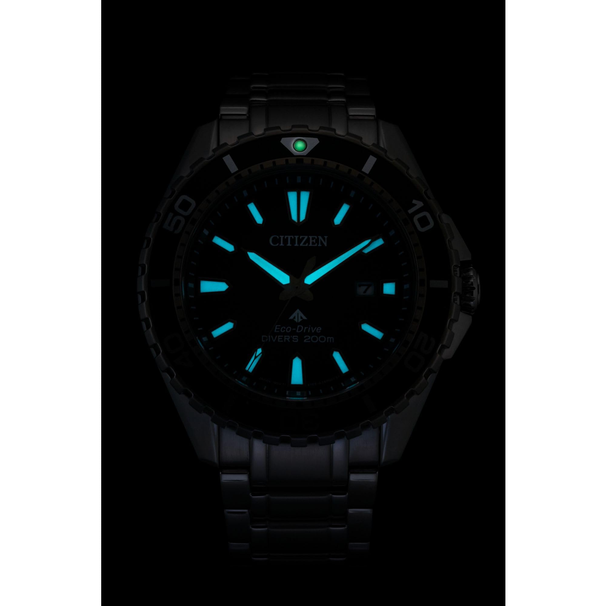 Citizen Men's Eco-Dive Promaster Dive, Silver-Tone Stainless Steel Bracelet Watch, Green Dial, 3 Hand, Date (Model: BN0199-53X)