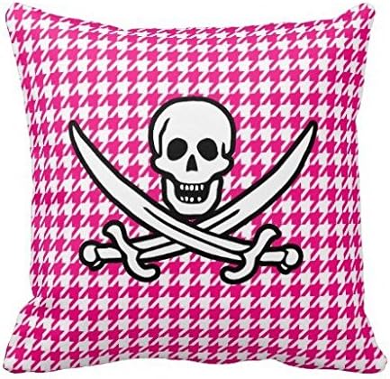 Bright Pink Houndstooth Jolly Roger Pirate Pillow Case