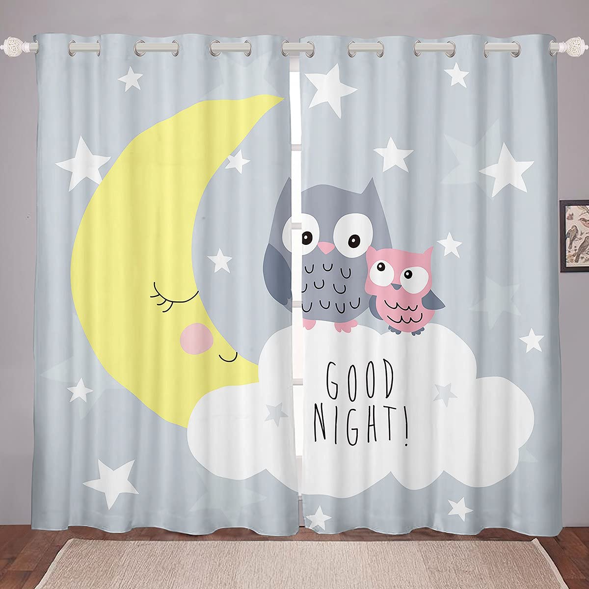 Loussiesd Children window curtain cute owl for girls boys teenagers moon star cloud pattern curtains gray 100% microfiber curtains W46*L54
