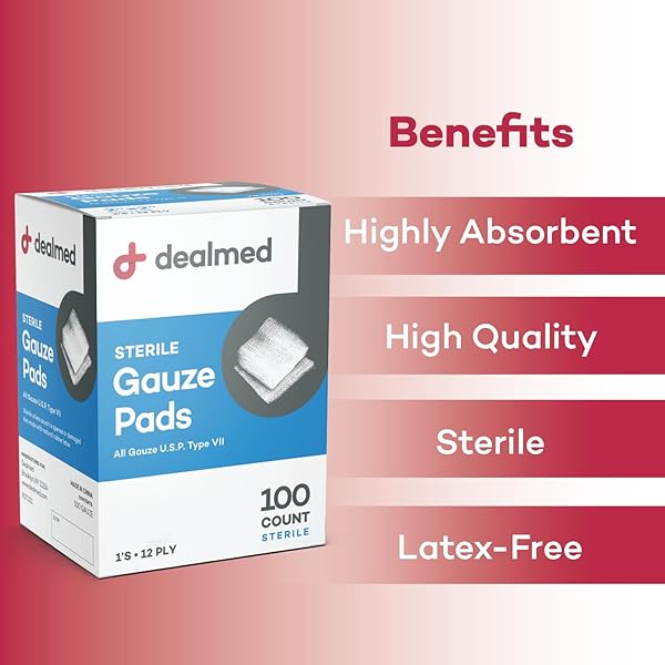 DEALMED 2’’ X 2’’ STERILE GAUZE PADS (100 COUNT) DISPOSABLE AND INDIVIDUALLY WRAPPED MEDICAL GAUZE PADS, WOUND CARE PRODUCT FOR FIRST AID KIT AND MEDICAL FACILITIES (PACK OF 1)