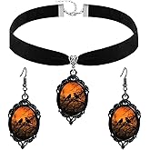 QLUYCKW Gothic Crow Glass Pendant Necklace Earrings Set for Women Men Punk Vintage Mystic Raven Cross Black Velvet Choker Necklace Halloween Holiday Party Charm Jewelry