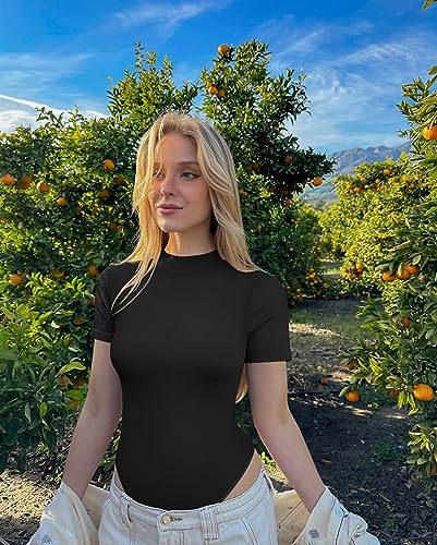 TOB WOMEN’S 2 PIECE BODYSUITS SEXY RIBBED HIGH NECK SHORT SLEEVE TOPS BODYSUITS BLACK DARKGREY