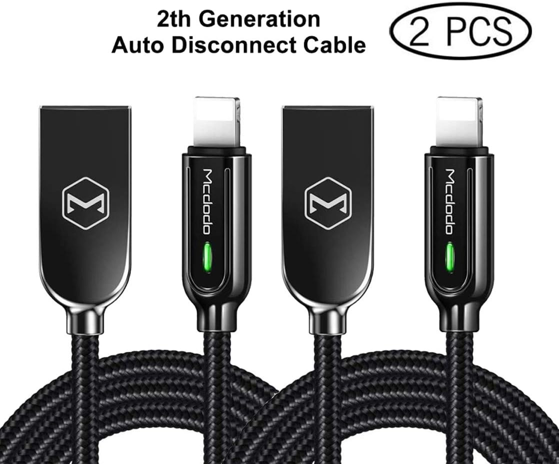 mcdodo Smart LED Auto Disconnect Charger Cable ,6ft Smart Reversible Nylon Braided USB Charger Cord Compatibility with Phone X /8/7/6 /6plus /5s(2pieces)