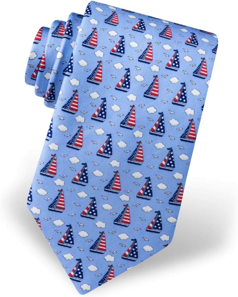 Men's 100% Silk Nautical Starboard & Stripes American Flag Sailboats Tie Necktie