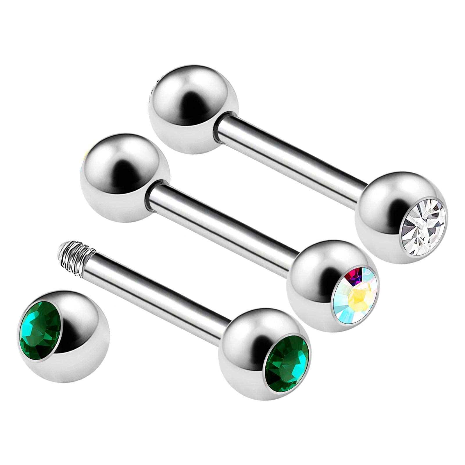 KJM FASHION 3PCS Stainless Steel Straight Barbell 14 Gauge 5/16 8mm 4mm Crystal Lobe Earrings Eyebrow Piercing Jewelry Choose Colors