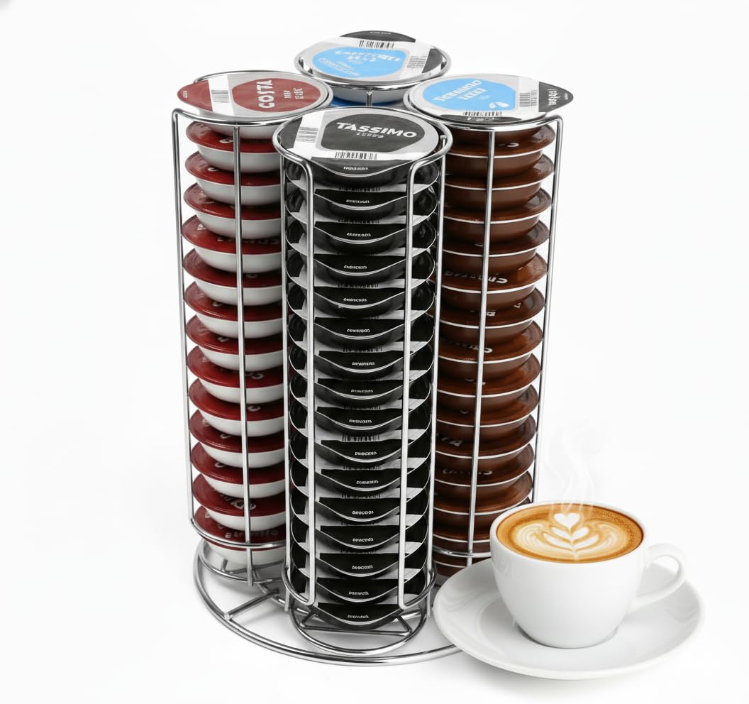 Kimm & Miller Tassimo Pods Holder - Large Capacity Coffee Capsule Storage Rack - Holds 64 Tassimo T Discs - Sturdy Chrome Metal Organizer for Kitchen Top - Non-Rotating Design