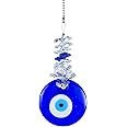 Blue Glass Evil Eye Talisman with Crystal Beads - Good Luck Charm, Home, Office, Car Decoration, Blessing Ornament, Reflects Negative Energy