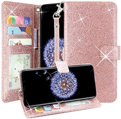 Galaxy S9 Plus Case, Linkertech Glitter Shiny Luxury PU Leather Flip Pouch Wallet Case Cover with Card Slots and Wrist Strap for Samsung Galaxy S9 Plus (2018) (Glitter Rose Gold 2)