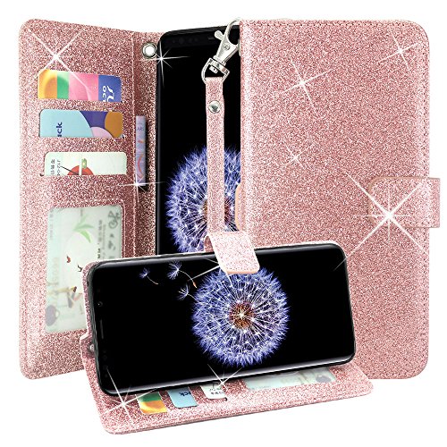 Galaxy S9 Plus Case, Linkertech Glitter Shiny Luxury PU Leather Flip Pouch Wallet Case Cover with Card Slots and Wrist Strap for Samsung Galaxy S9 Plus (2018) (Glitter Rose Gold 2)
