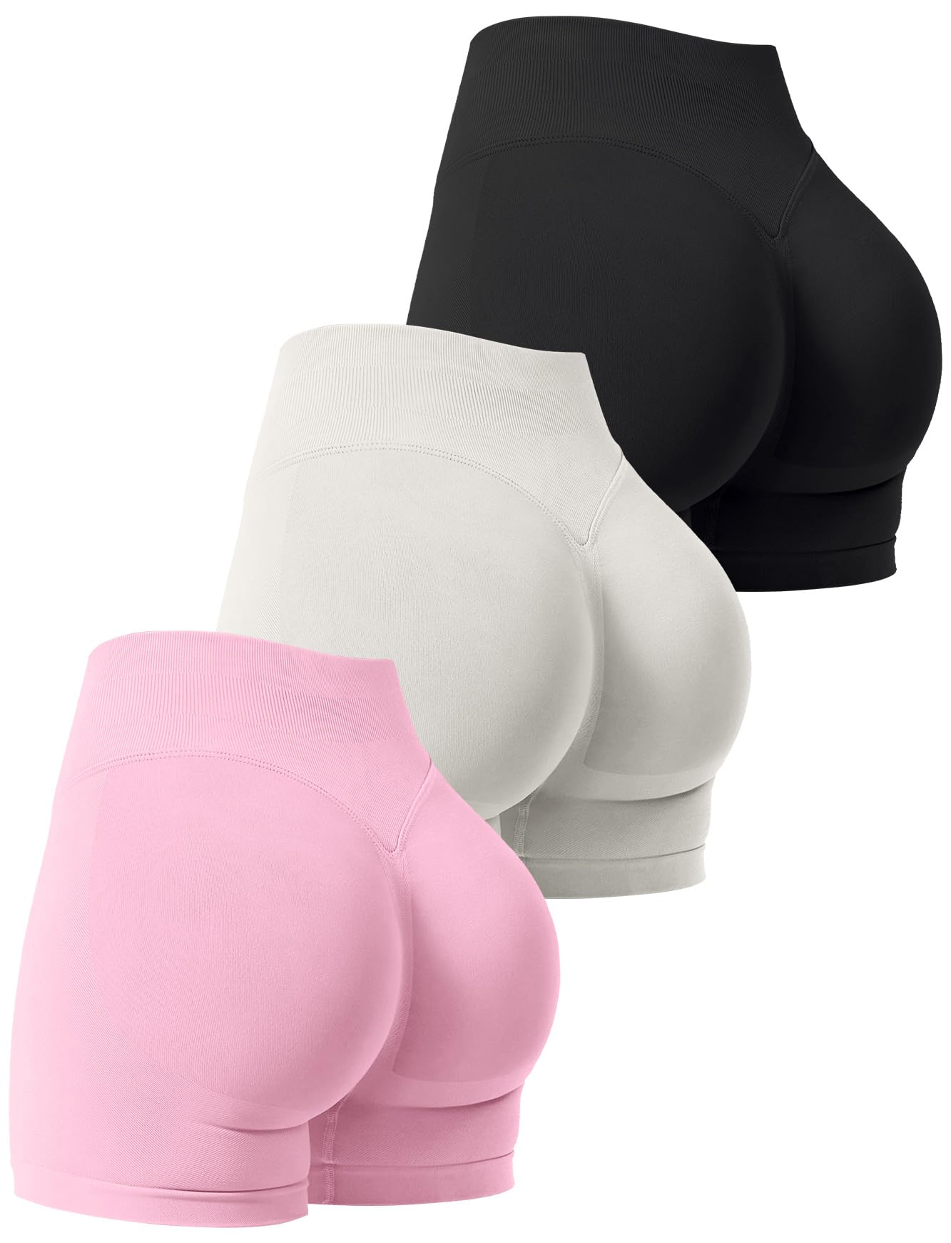 Photo 1 of Niipty 3 Pack Workout Gym Shorts Women Scrunch Butt Lifting Seamless High Waist Yoga Booty Shorts for Women - Black+Grey+Pink L