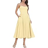 ABEHIK Casual Dresses for Women Boho Spaghetti Strap Corset Midi Dress with Pockets Low Cut Flowy Pleated Bustier Sundress