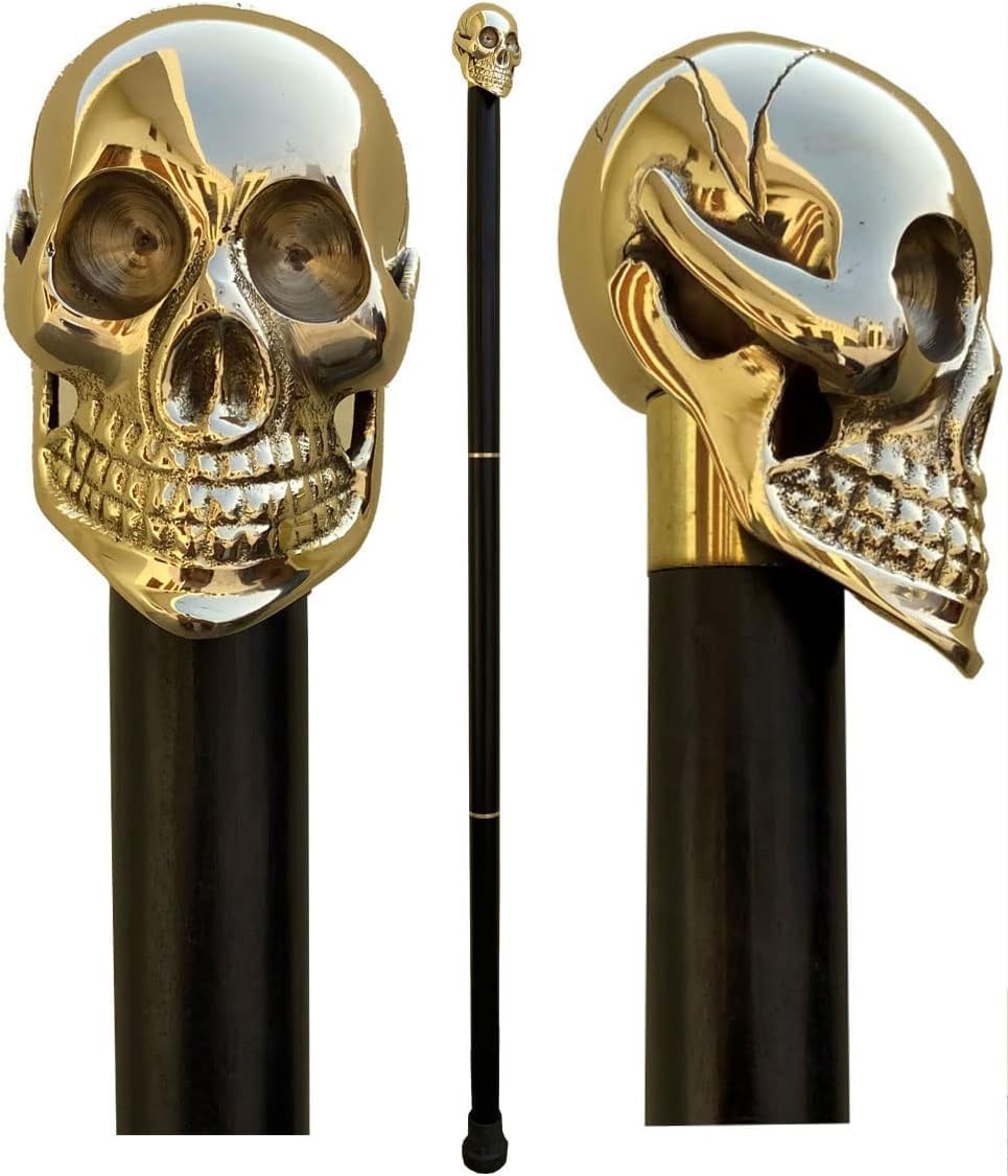Brass Skull Style Head Handle Vintage Black Wooden Walking Stick for Men and Women Victorian Style Canes
