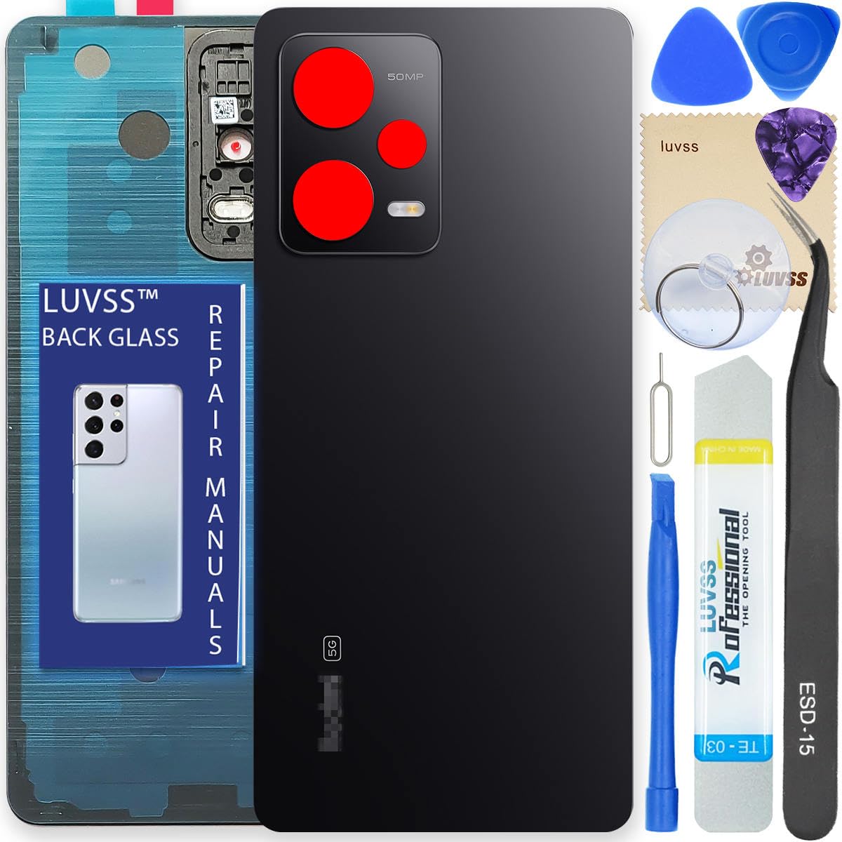 LUVSS Back Glass Cover Replacement Compitable for Xiaomi Redmi Note 12 Pro 5G Rear Cover + Repair Manual DIY Tools Kit (Black)