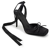GOGD Satin Ballet Heels Lace Up Closed Square Toe Stiletto High Bow Ballerina Slingback Pumps Strappy Mary Jane Elegant Shoes