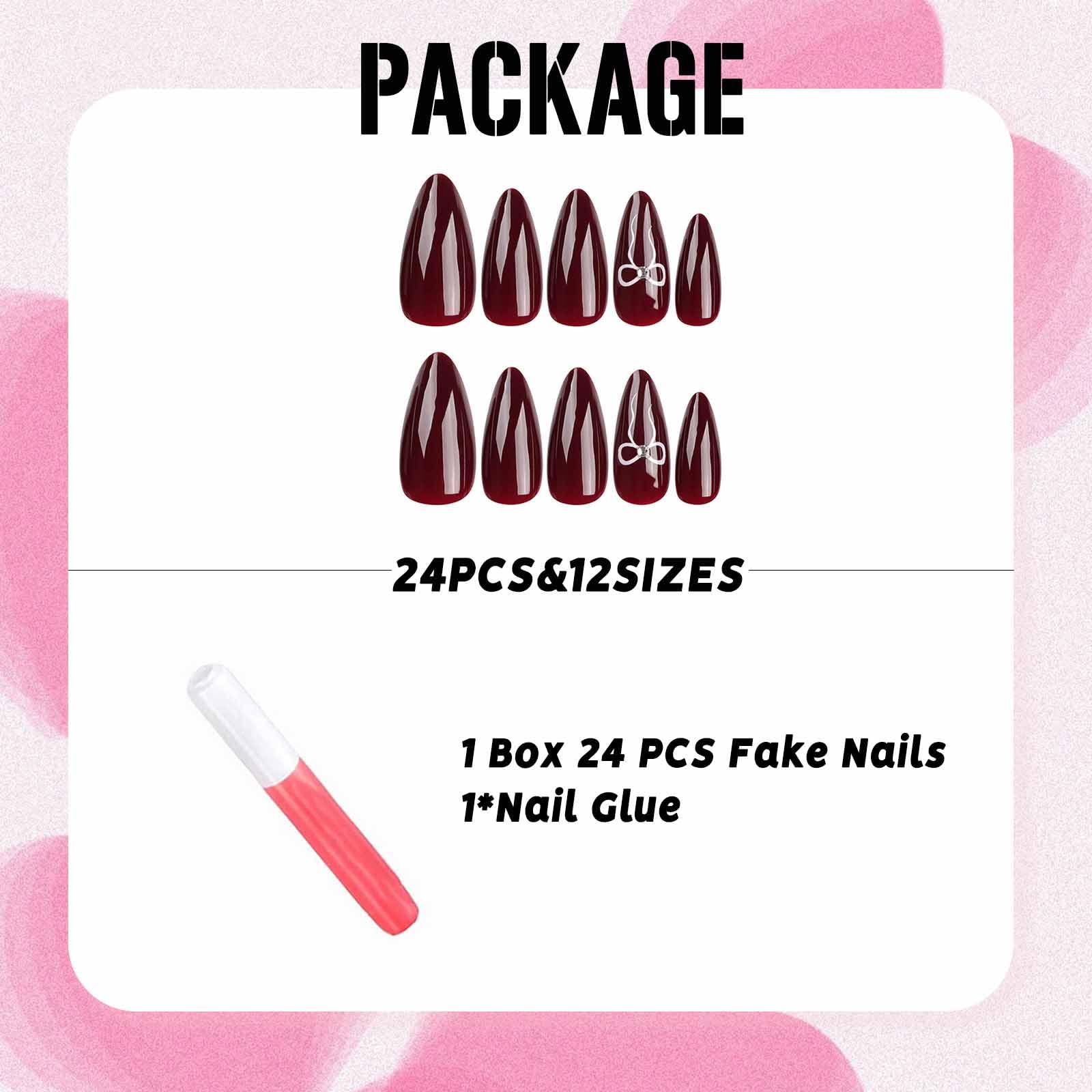 IMSOHOT Valentine's Day Press on Nails Almond Medium Wine Red Fake Nails Cute Bow with Rhinestones Acrylic Full Cover Glue on Nails Glossy False Nails Kits for Women Red Gel Natural Nails 24 Pcs - Image 5