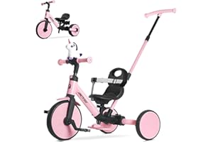 RIDYEE 5-in-1 Toddler Tricycle for Ages 1.5–3, Parent Steering Push Trike, Tool-Free Convertible to Balance Bike, Safety Belt, Removable Backrest and Footrest, Ride-On Toy for Boys & Girls, Pink