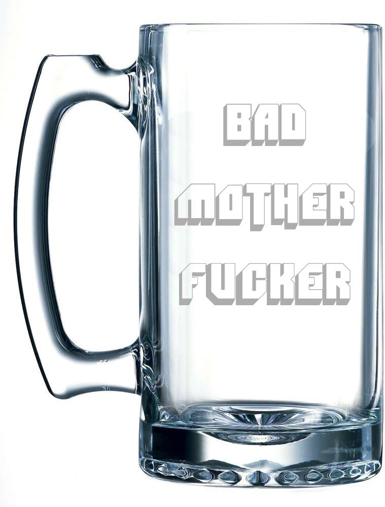 Amazon Com Bad Mother Fucker Hand Made Etched Glass Beer Stein Mug Beer Mugs Steins