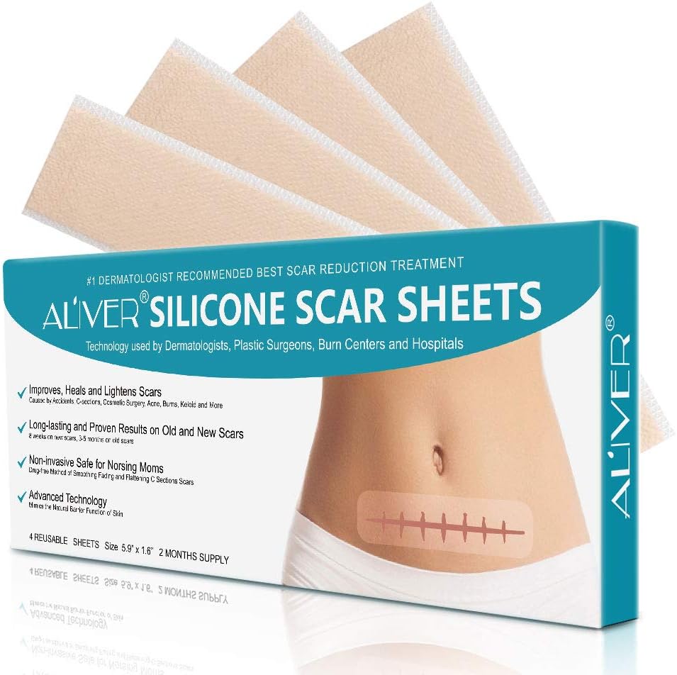 Professional Silicone Scar Sheets,Soften and Flattens Scars Resulting from Surgery, Injury, Burns, Acne, C-section and more, Soft Silicone Scar Strips, 5.9"×1.6", 4 Sheets (S01)