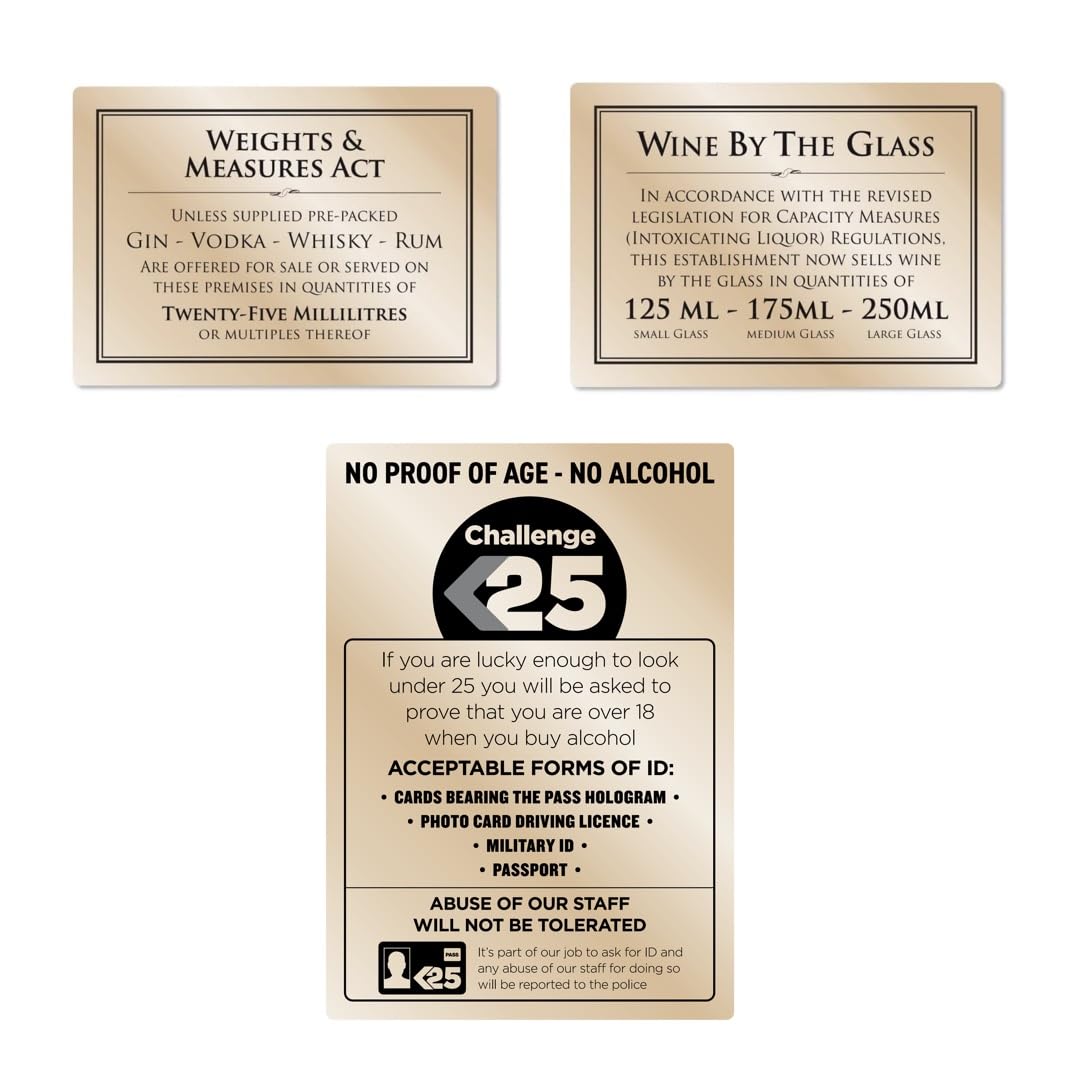 3 Pcs Signs Essential Bar Licensing Sign Pack GOLD 3 Pcs Challenge 25 - Spirit Measures 25ml - Wine by the Glass Pub Restaurant Catering
