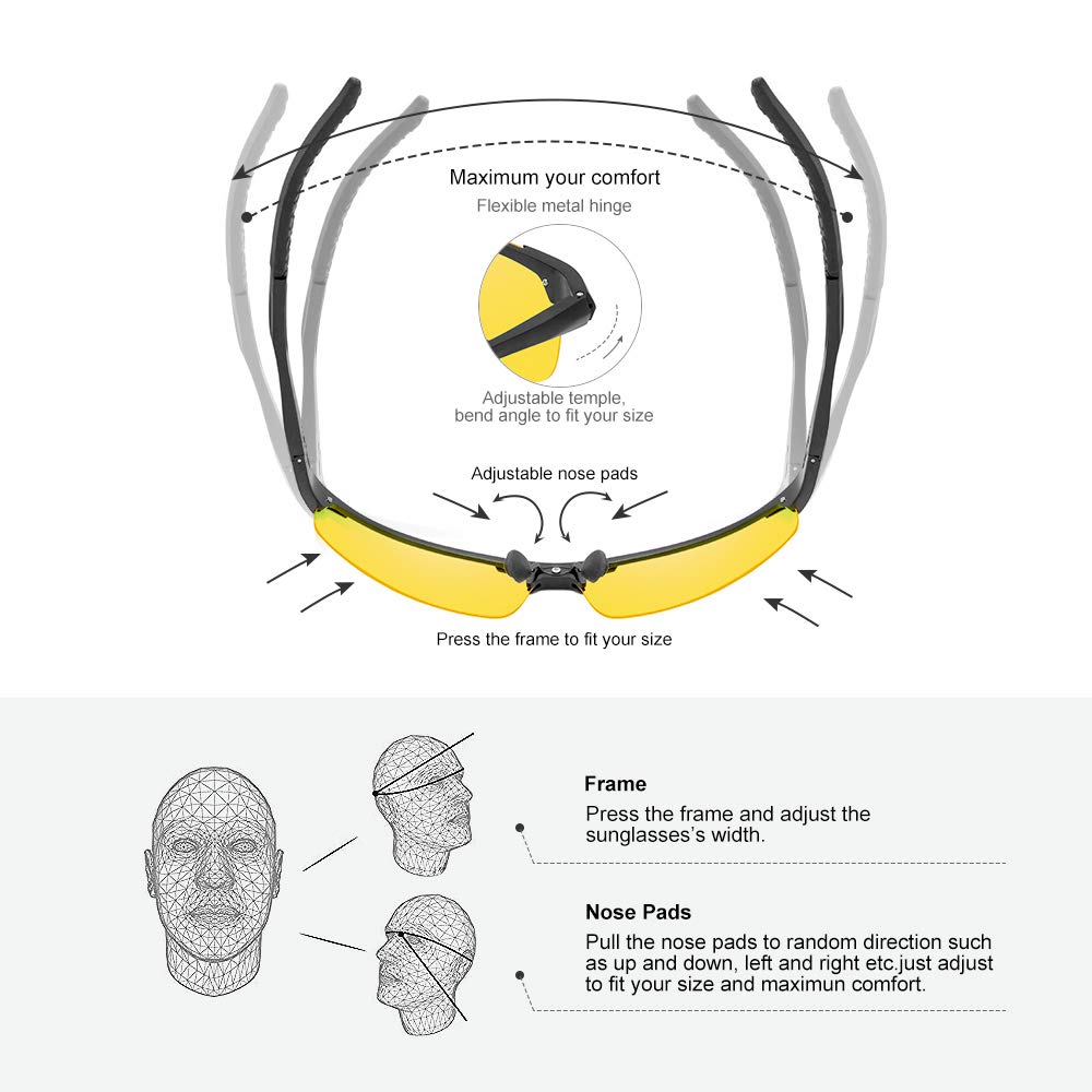 Surenue night driving glasses anti glare sport polarized Yellow Tint Polycarbonate Lens Safety Sunglasses Men Women (Black-YS)