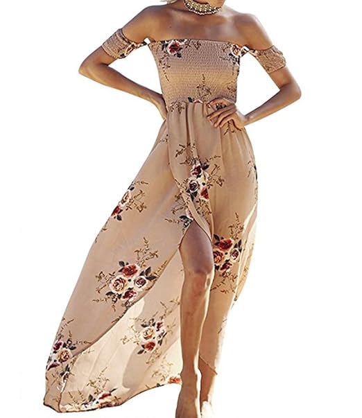 Svaliy Women Floral Off The Shoulder Split Chiffon Maxi Beach Dresses Wedding Party