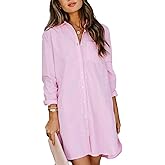 YKR Women's Button Down Shirt Dresses Cotton High Low Tunic Dress Long Sleeve Boyfriend Blouse Shirts with Pockets Hot Pink S