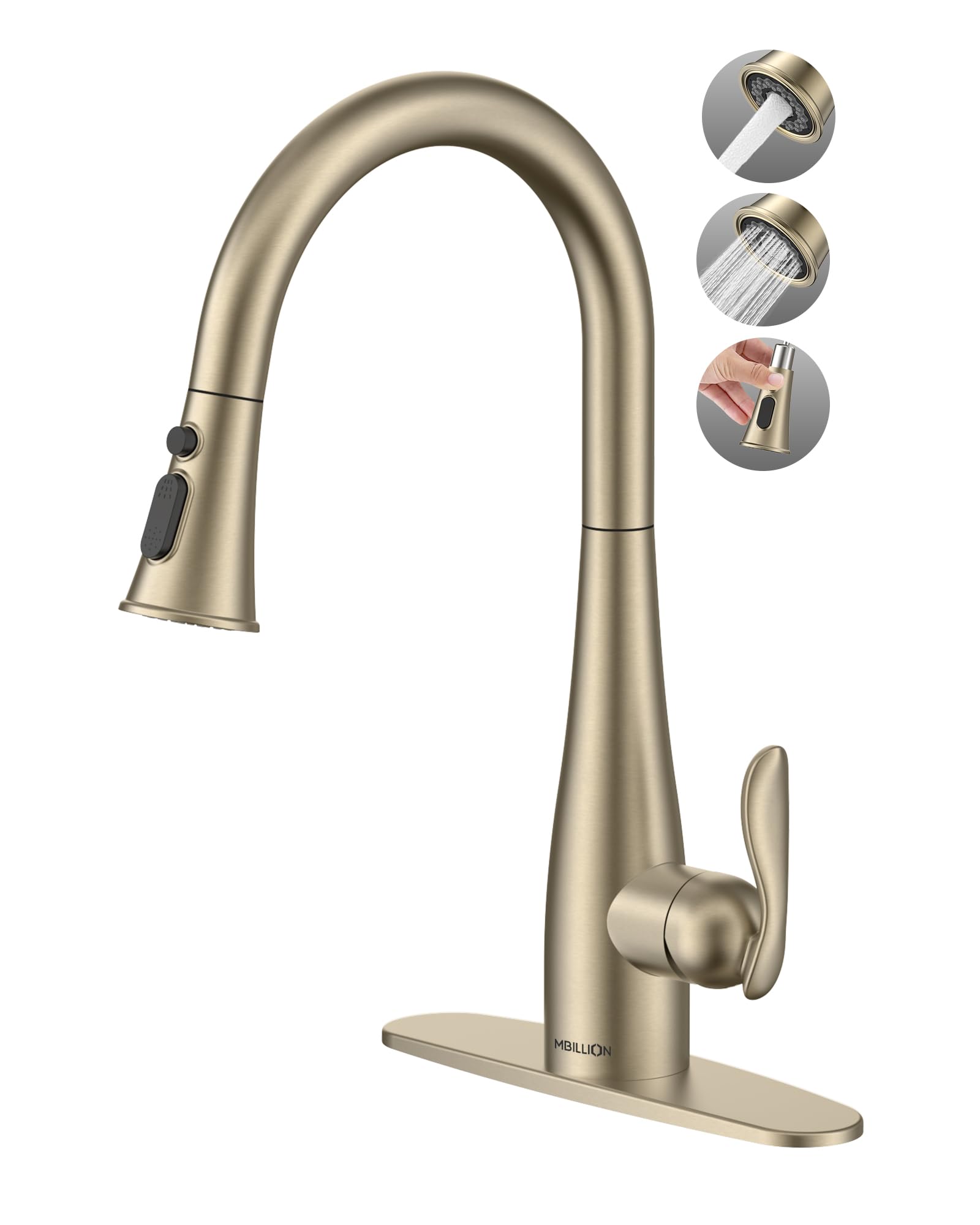 Photo 1 of Mbillion Kitchen Faucet with Pull Down Sprayer 3 Mode,Brushed Gold,Stainless Steel,Lead-Free,Single Handle Sink Faucet with Deck Plate 1-3 Hole for Farmhouse Commercial Camper Laundry Rv Bar Sink