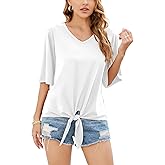 SUEANI Women's Tie Front Tops Summer V Neck 3/4 Bell Sleeve Twist Knot Shirt