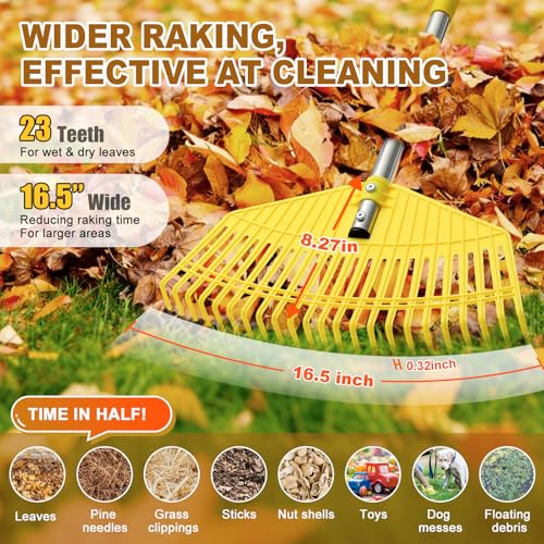 Garden Leaf Rake for Leaves - 42cm Wide Nylon Plastic Head,165cm Adjustable Lightweight Handle for Women Seniors Kids,23 Flexible Lawn-Friendly Tines for Grass,Pine Needle,Mulch,Small Debris