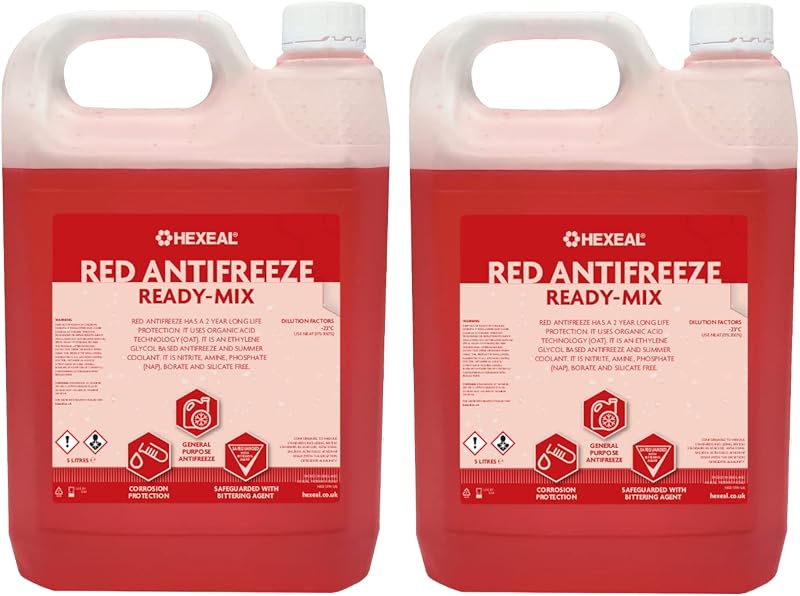 Hexeal Red Antifreeze 10L Ready Mix 2 x 5L Long Life Coolant & Antifreeze