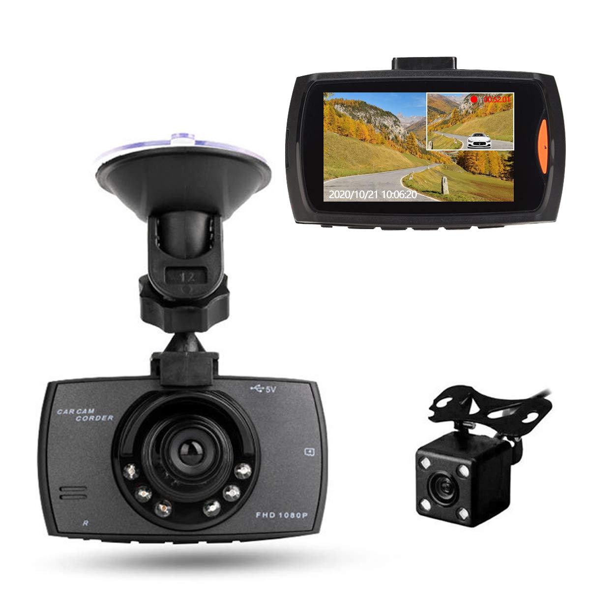 RBNANA Full HD 1080P Dash Cam for Car, 170°Wide Angle Dash Front and Rear Camera with Night Vision, Dashboard Camera,G-Sensor Motion Detection, Loop Recording