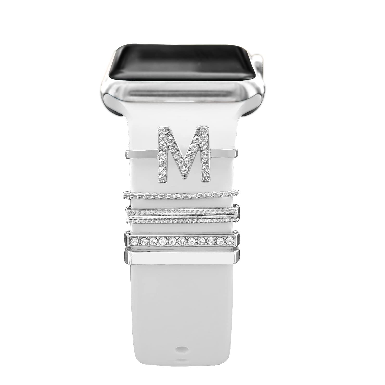 Diamond Decorative Rings Loops Compatible with Silicone Apple Watch Straps 38mm 40mm 41mm 42mm 44mm 45mm 49mm, Watch Band Metal Charms Accessories for iWatch 8 7 6 5 4 3 2 1 SE Ultra,Letter M