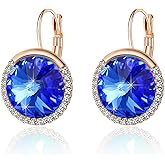 Round Austrian Crystal Halo Drop Leverback Earrings for Women 14K Gold Plated Hypoallergenic Earrings