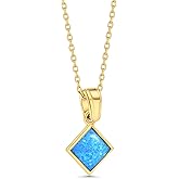 14K Gold Plated Pendant Blue Opal Necklace - 6x6mm Square October Birthstone - 45cm Gold Plated Silver Cable Chain - Opal Jewelry for Women - Ideal Gift for Loved Ones