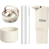Lid Replacement Compatible with HydroJug Sport 32oz Tumbler, LeakProof Top Cap Replacement for HydroJug with Straw/Cleaner Brush/Protective Silicone Boot (Beige, For Hydrojug Sport 32oz)