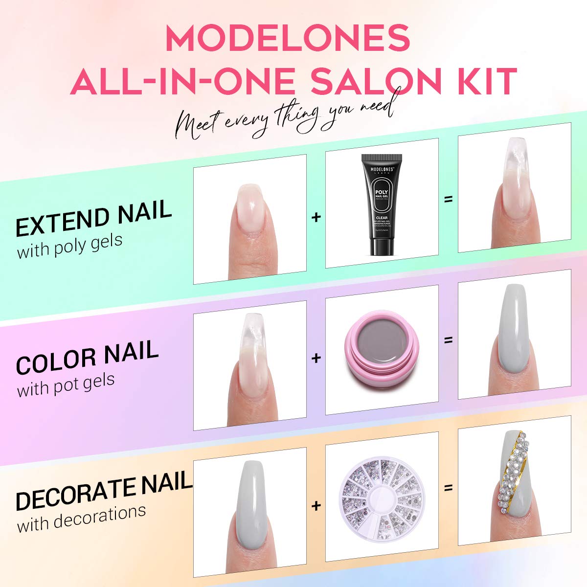 Poly Nail Gel Kit with Lamp Nail Extension Gel Kit by Modelones- 8 Colors Pot Gels + 3 Colors Polly Jell Nail Kit Gel Acrylic Nail Kit, ALL-IN-ONE French Salon Kit Gel Manicure Kit Nude Gray Series : Beauty