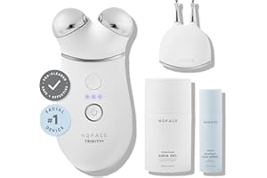 NuFACE Trinity+ Microcurrent Facial Device + Effective Lip & Eye Attachment - FDA Cleared Skin Tightening & Face Toning Device for Targeted Treatment + Microcurrent Gel Activator, Silk Crème & Brush
