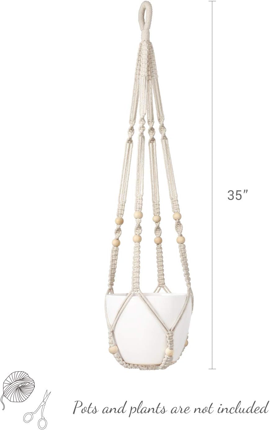 Mkono Macrame Plant Hangers Indoor Hanging Planter Basket with Wood Beads Decorative Flower Pot Holder No Tassels for Indoor Outdoor Home Decor 35 Inch, Ivory: Garden & Outdoor
