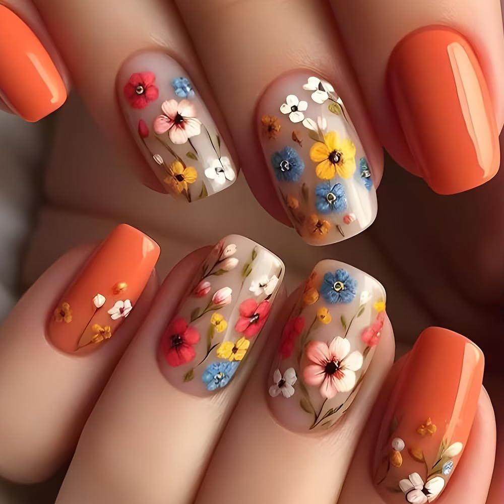 Flower Press on Nails Short Square Spring Nails Press ons Medium Orange Fake Nails with Floral Design Glue on Nails Glossy Floral False Nails Full Cover Acrylic Stick on Nails for Women Girls 24Pcs