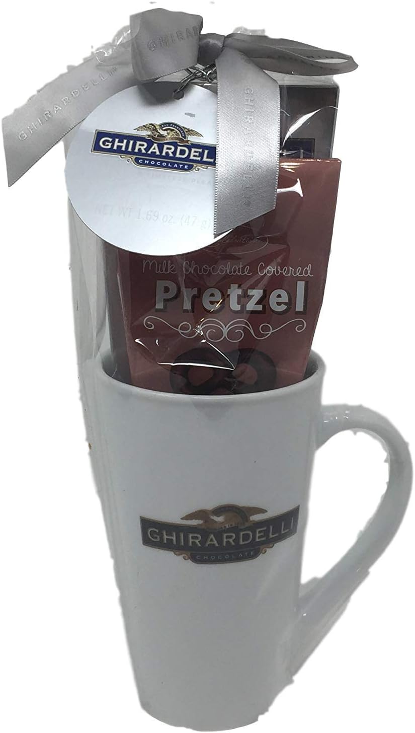 Ghirardelli Tall Mug and Double Hot Chocolate Premium Hot Cocoa + Chocolate Covered Pretzels - Holiday Gift Set